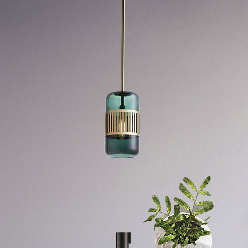 Cylinder Kitchen Island Suspension Lamp Amber/Green Glass 1 Head Minimalist Ceiling Hang Fixture Green Clearhalo 'Ceiling Lights' 'Glass shade' 'Glass' 'Modern Pendants' 'Modern' 'Pendant Lights' 'Pendants' Lighting' 339349