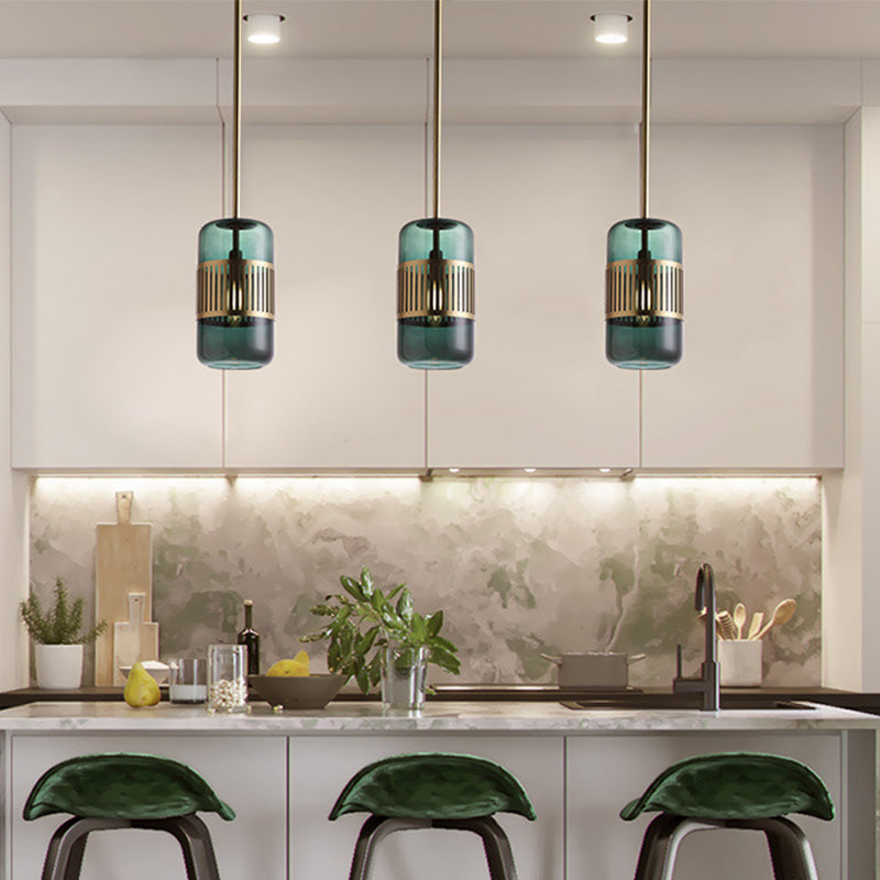 Cylinder Kitchen Island Suspension Lamp Amber/Green Glass 1 Head Minimalist Ceiling Hang Fixture Clearhalo 'Ceiling Lights' 'Glass shade' 'Glass' 'Modern Pendants' 'Modern' 'Pendant Lights' 'Pendants' Lighting' 339350