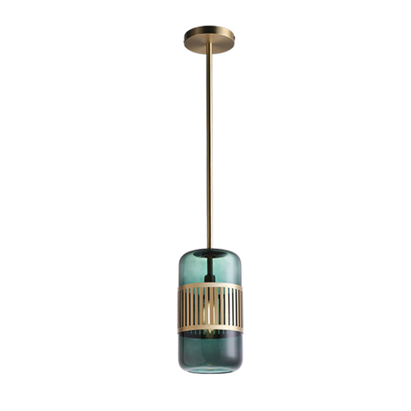 Cylinder Kitchen Island Suspension Lamp Amber/Green Glass 1 Head Minimalist Ceiling Hang Fixture Clearhalo 'Ceiling Lights' 'Glass shade' 'Glass' 'Modern Pendants' 'Modern' 'Pendant Lights' 'Pendants' Lighting' 339351