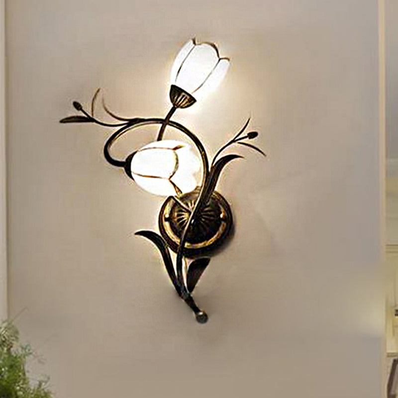 2 Heads Floral Shape Wall Lighting Traditional White Glass Sconce Lamp with Metal Backplate, Left/Right Clearhalo 'Wall Lamps & Sconces' 'Wall Lights' Lighting' 339786