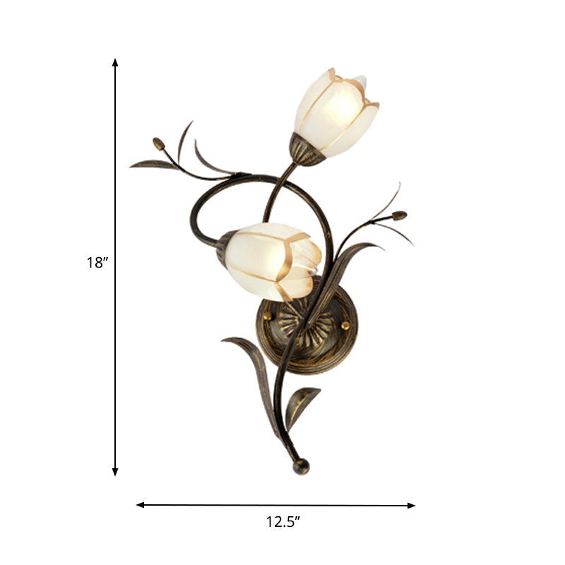 2 Heads Floral Shape Wall Lighting Traditional White Glass Sconce Lamp with Metal Backplate, Left/Right Clearhalo 'Wall Lamps & Sconces' 'Wall Lights' Lighting' 339788