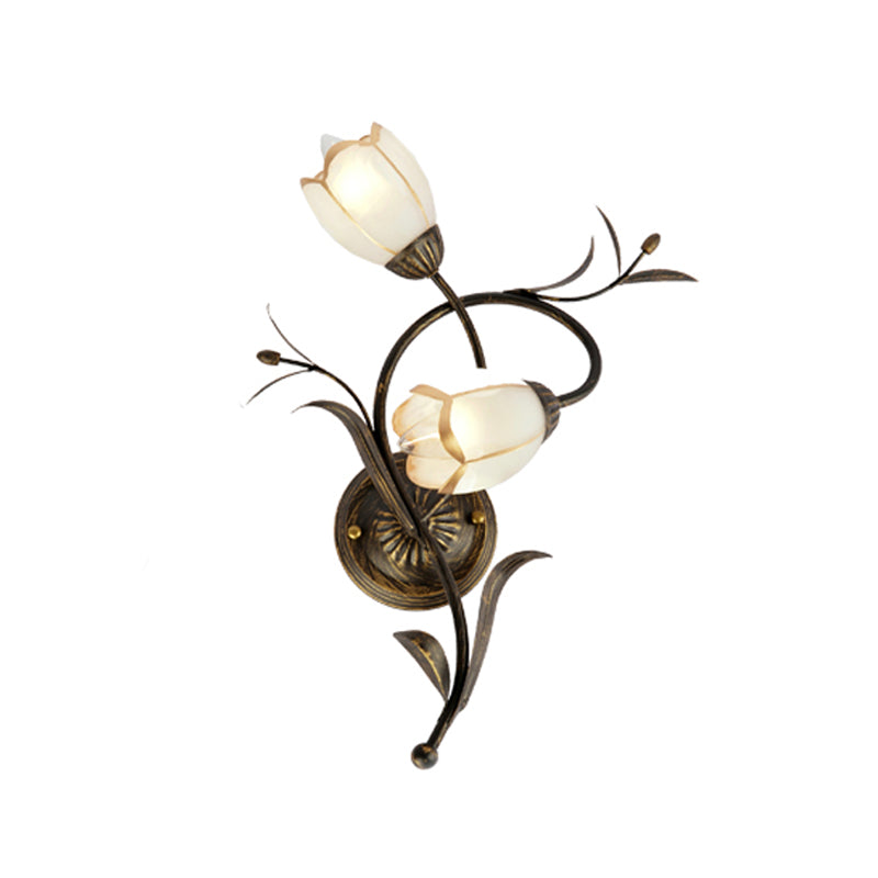 2 Heads Floral Shape Wall Lighting Traditional White Glass Sconce Lamp with Metal Backplate, Left/Right Clearhalo 'Wall Lamps & Sconces' 'Wall Lights' Lighting' 339790