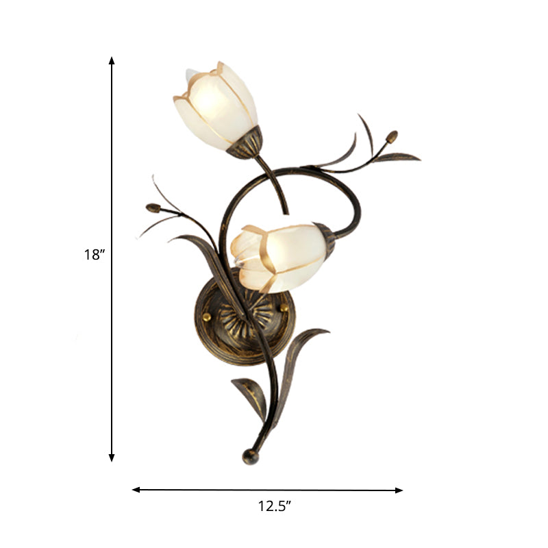 2 Heads Floral Shape Wall Lighting Traditional White Glass Sconce Lamp with Metal Backplate, Left/Right Clearhalo 'Wall Lamps & Sconces' 'Wall Lights' Lighting' 339791