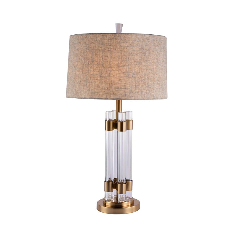 Flaxen Drum Table Lighting Traditionalism Fabric 1 Light Bedroom Table Lamp with Cylinder Crystal Base Clearhalo 'Lamps' 'Table Lamps' Lighting' 339794