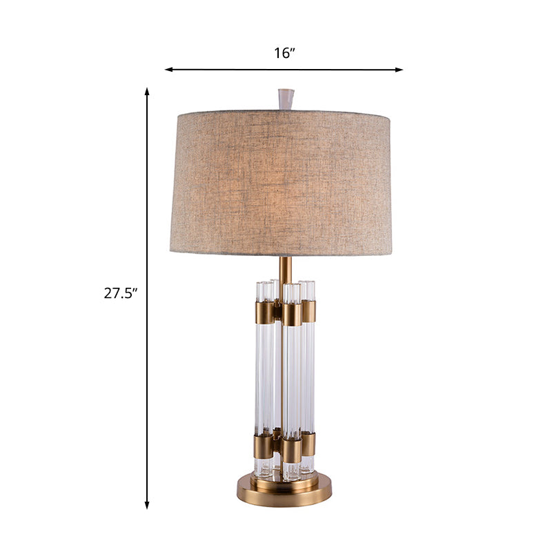 Flaxen Drum Table Lighting Traditionalism Fabric 1 Light Bedroom Table Lamp with Cylinder Crystal Base Clearhalo 'Lamps' 'Table Lamps' Lighting' 339795