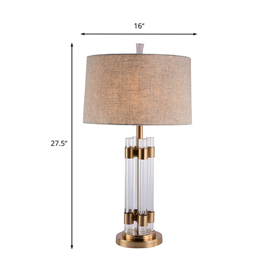 Flaxen Drum Table Lighting Traditionalism Fabric 1 Light Bedroom Table Lamp with Cylinder Crystal Base Clearhalo 'Lamps' 'Table Lamps' Lighting' 339795