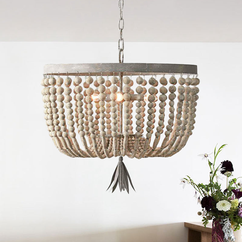 Dome Chandelier Lighting Retro Wood White 3 Bulbs Hanging Ceiling Light with Adjustable Chain, 8.5"/16" Wide Clearhalo 'Ceiling Lights' 'Chandeliers' Lighting' options 339856