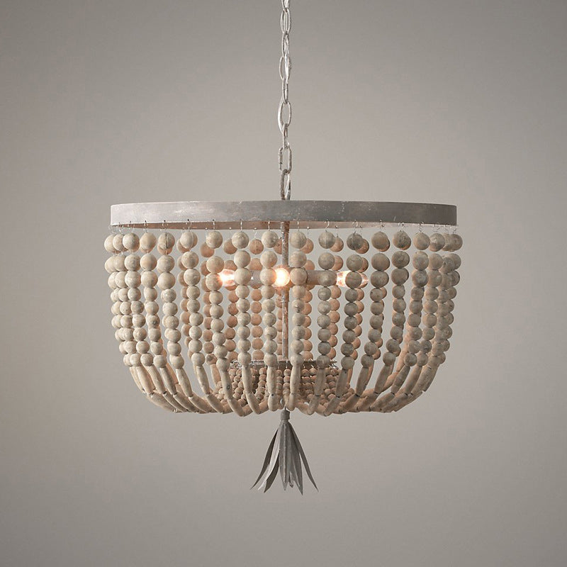 Dome Chandelier Lighting Retro Wood White 3 Bulbs Hanging Ceiling Light with Adjustable Chain, 8.5"/16" Wide Clearhalo 'Ceiling Lights' 'Chandeliers' Lighting' options 339857