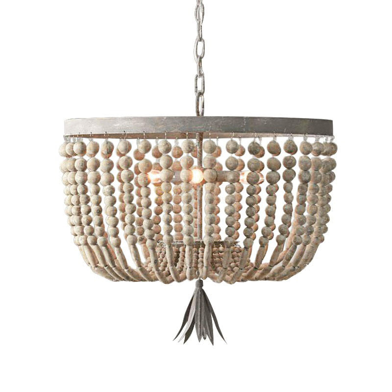 Dome Chandelier Lighting Retro Wood White 3 Bulbs Hanging Ceiling Light with Adjustable Chain, 8.5"/16" Wide Clearhalo 'Ceiling Lights' 'Chandeliers' Lighting' options 339858