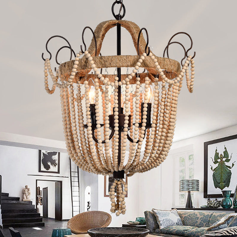 Bird Cage Pendant Chandelier Traditional Wood 3 Bulbs Light Tan Hanging Lamp for Living Room Clearhalo 'Ceiling Lights' 'Chandeliers' Lighting' options 339865