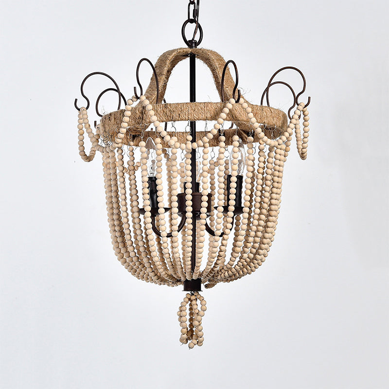 Bird Cage Pendant Chandelier Traditional Wood 3 Bulbs Light Tan Hanging Lamp for Living Room Clearhalo 'Ceiling Lights' 'Chandeliers' Lighting' options 339867