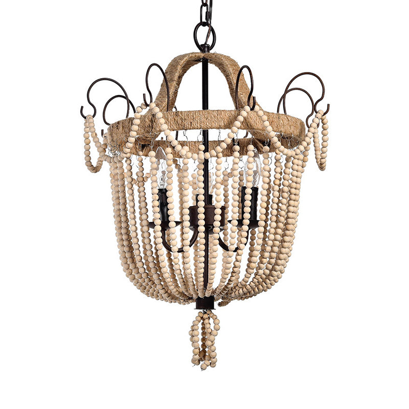 Bird Cage Pendant Chandelier Traditional Wood 3 Bulbs Light Tan Hanging Lamp for Living Room Clearhalo 'Ceiling Lights' 'Chandeliers' Lighting' options 339868