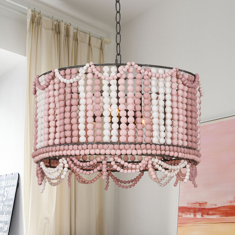 Wood Drum Chandelier Lamp Retro 3 Bulbs White/Pink/Blue Pendant Lighting Fixture with Adjustable Chain Clearhalo 'Ceiling Lights' 'Chandeliers' Lighting' options 339875