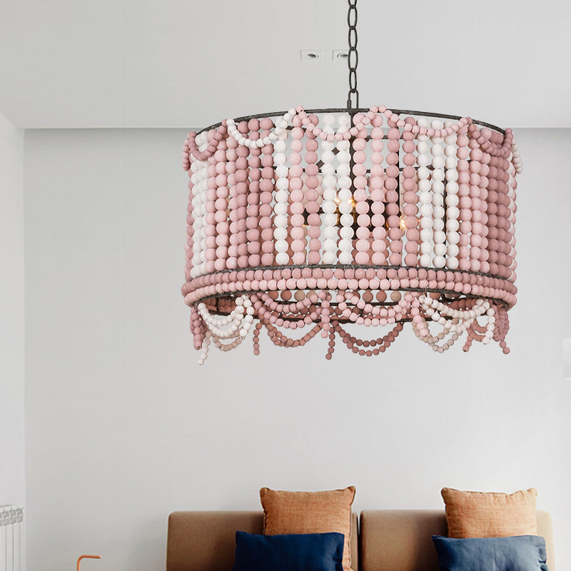 Wood Drum Chandelier Lamp Retro 3 Bulbs White/Pink/Blue Pendant Lighting Fixture with Adjustable Chain Clearhalo 'Ceiling Lights' 'Chandeliers' Lighting' options 339876