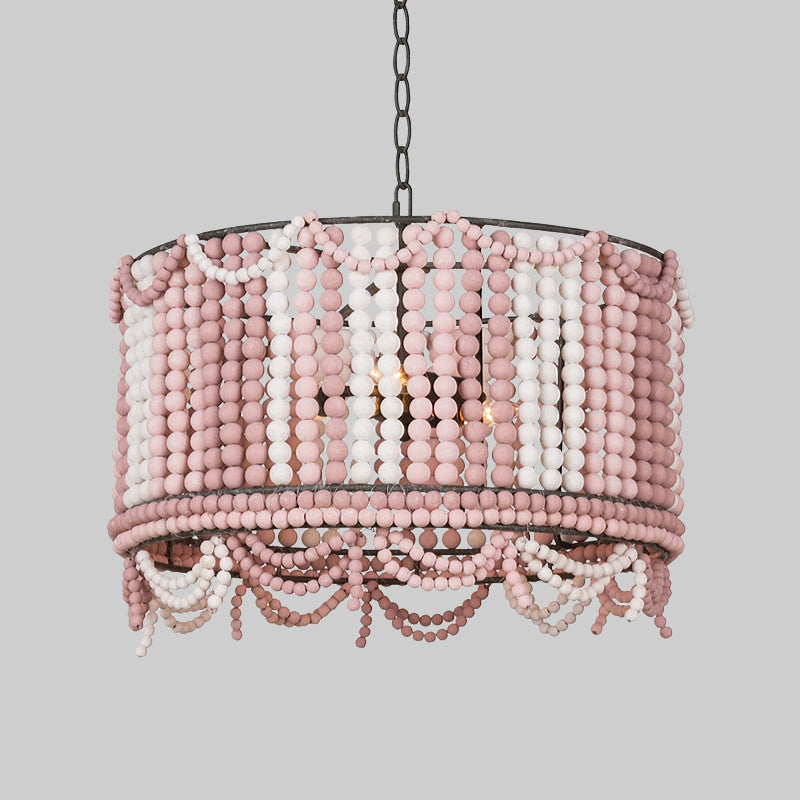 Wood Drum Chandelier Lamp Retro 3 Bulbs White/Pink/Blue Pendant Lighting Fixture with Adjustable Chain Clearhalo 'Ceiling Lights' 'Chandeliers' Lighting' options 339877