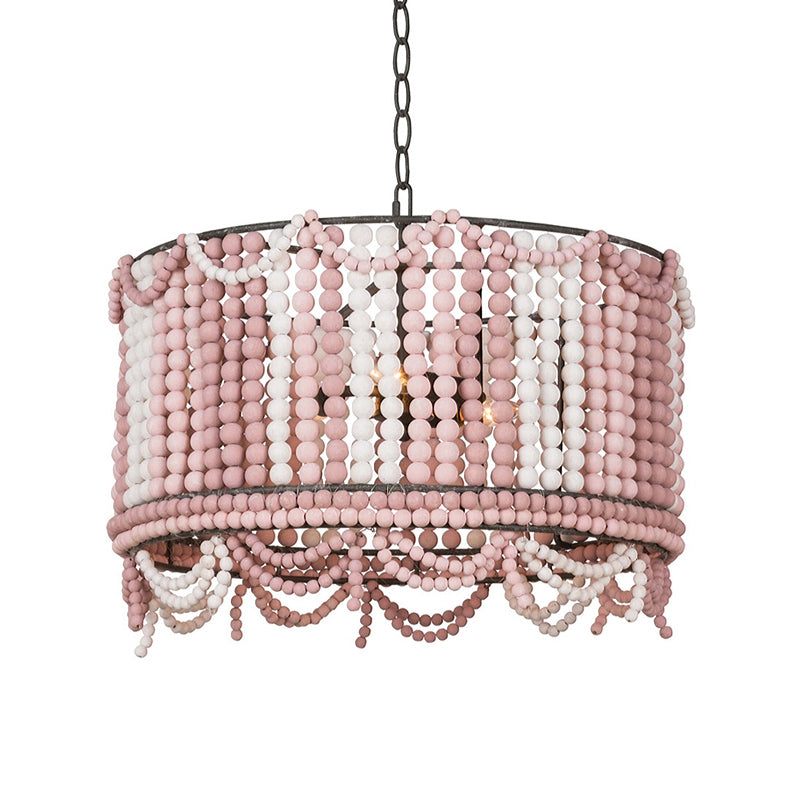 Wood Drum Chandelier Lamp Retro 3 Bulbs White/Pink/Blue Pendant Lighting Fixture with Adjustable Chain Clearhalo 'Ceiling Lights' 'Chandeliers' Lighting' options 339878