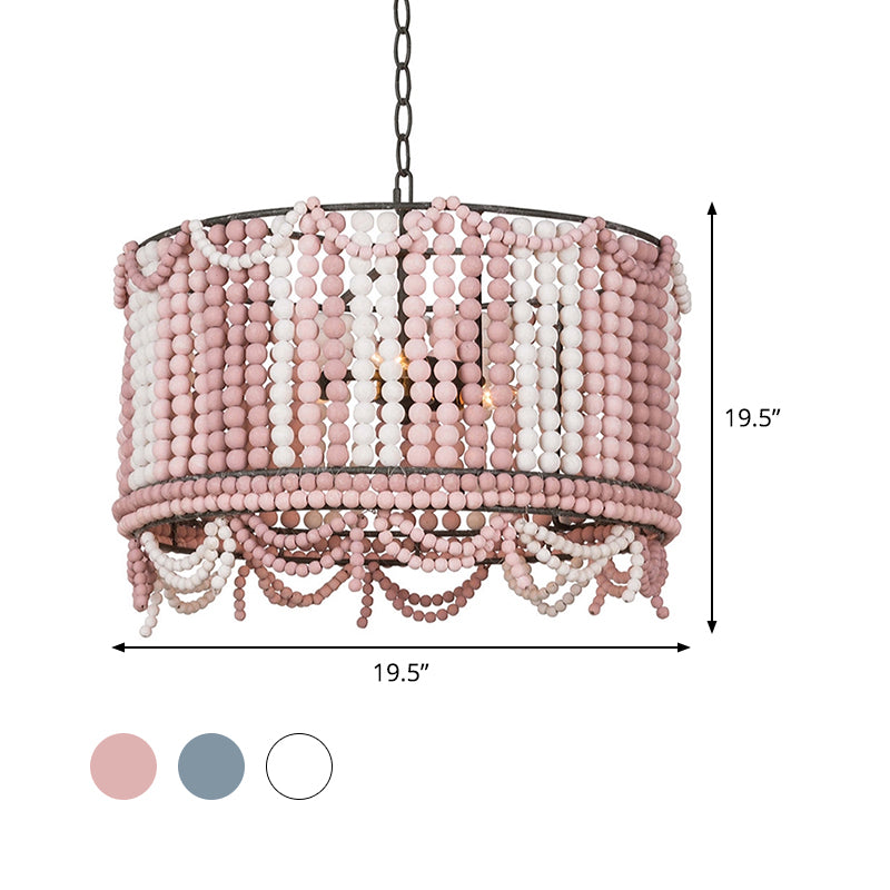 Wood Drum Chandelier Lamp Retro 3 Bulbs White/Pink/Blue Pendant Lighting Fixture with Adjustable Chain Clearhalo 'Ceiling Lights' 'Chandeliers' Lighting' options 339879