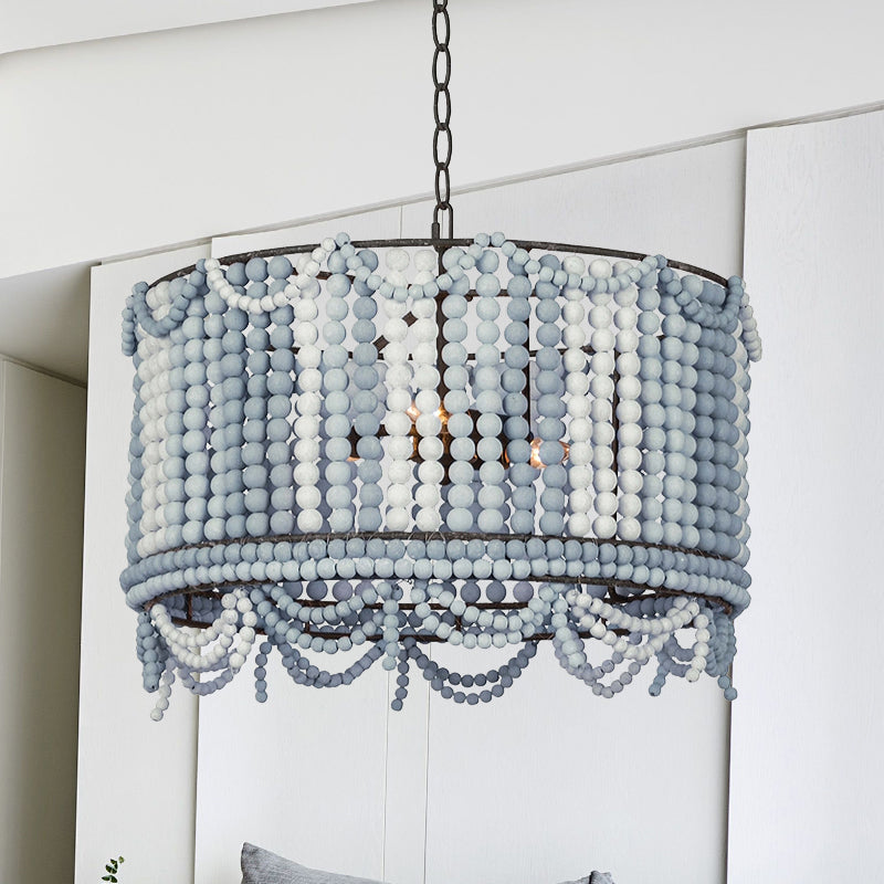 Wood Drum Chandelier Lamp Retro 3 Bulbs White/Pink/Blue Pendant Lighting Fixture with Adjustable Chain Clearhalo 'Ceiling Lights' 'Chandeliers' Lighting' options 339880