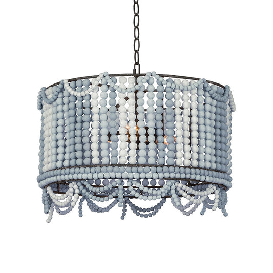 Wood Drum Chandelier Lamp Retro 3 Bulbs White/Pink/Blue Pendant Lighting Fixture with Adjustable Chain Clearhalo 'Ceiling Lights' 'Chandeliers' Lighting' options 339883