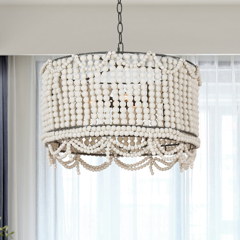 Wood Drum Chandelier Lamp Retro 3 Bulbs White/Pink/Blue Pendant Lighting Fixture with Adjustable Chain Clearhalo 'Ceiling Lights' 'Chandeliers' Lighting' options 339885