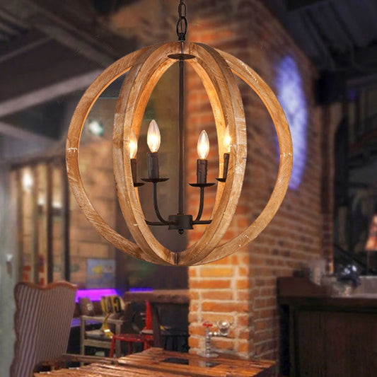 Sphere Chandelier Lamp Nordic Wood 4 Heads Beige Pendant Lighting Fixture for Restaurant Clearhalo 'Ceiling Lights' 'Chandeliers' Lighting' options 339888