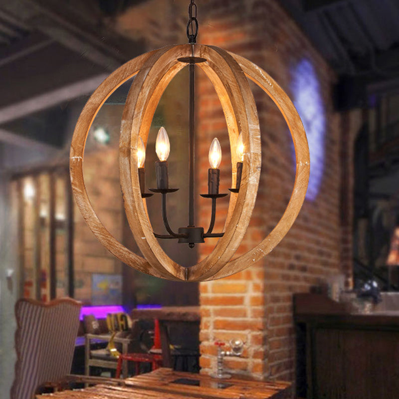 Sphere Chandelier Lamp Nordic Wood 4 Heads Beige Pendant Lighting Fixture for Restaurant Wood Clearhalo 'Ceiling Lights' 'Chandeliers' Lighting' options 339888_7eac50c5-6665-4d3f-b5aa-d8e4b6072c60