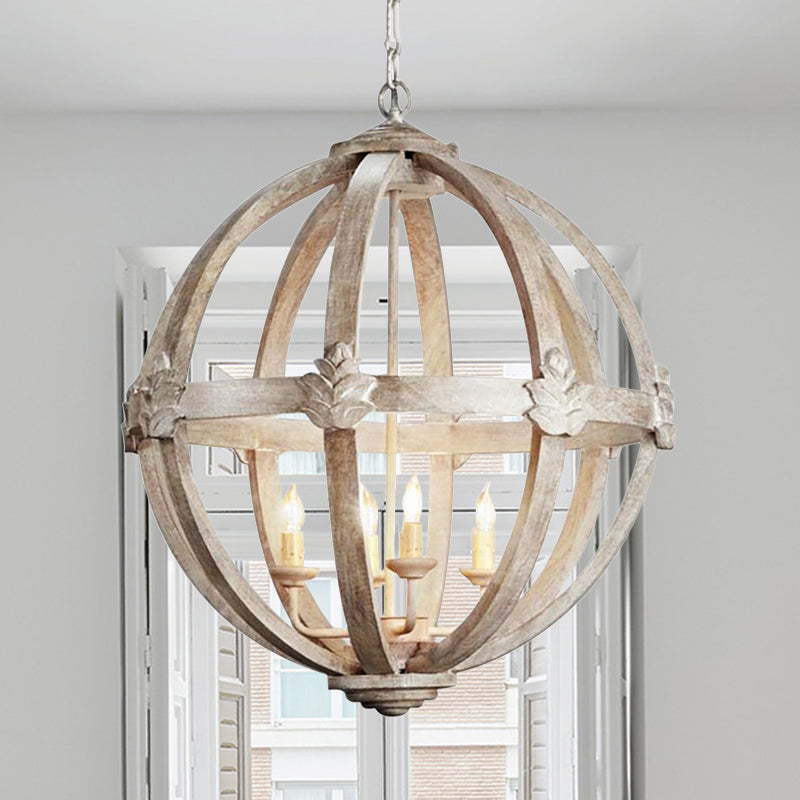 Wood Ball Chandelier Lamp Nordic 4 Bulbs Distressed White Pendant Lighting Fixture with Adjustable Chain Wood Clearhalo 'Ceiling Lights' 'Chandeliers' Lighting' options 339893_99f6549d-d4e0-4dd7-84e4-3d179988f16e