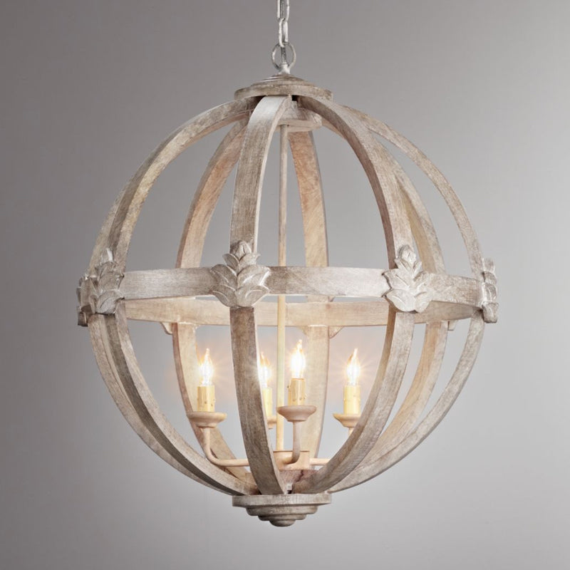 Wood Ball Chandelier Lamp Nordic 4 Bulbs Distressed White Pendant Lighting Fixture with Adjustable Chain Clearhalo 'Ceiling Lights' 'Chandeliers' Lighting' options 339895