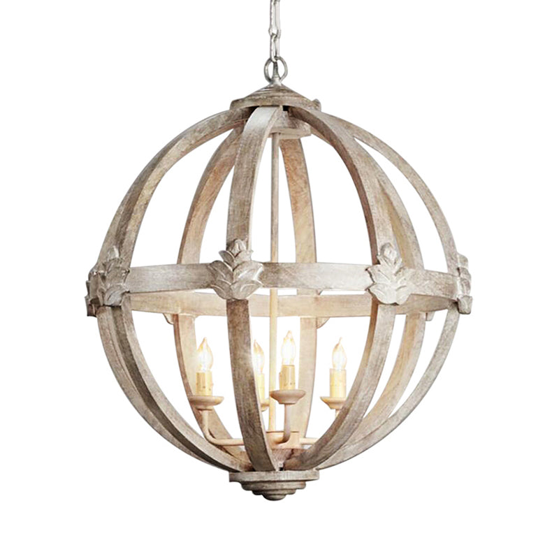 Wood Ball Chandelier Lamp Nordic 4 Bulbs Distressed White Pendant Lighting Fixture with Adjustable Chain Clearhalo 'Ceiling Lights' 'Chandeliers' Lighting' options 339896