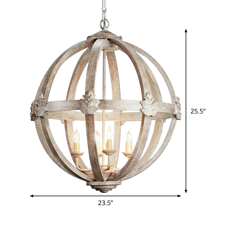 Wood Ball Chandelier Lamp Nordic 4 Bulbs Distressed White Pendant Lighting Fixture with Adjustable Chain Clearhalo 'Ceiling Lights' 'Chandeliers' Lighting' options 339897