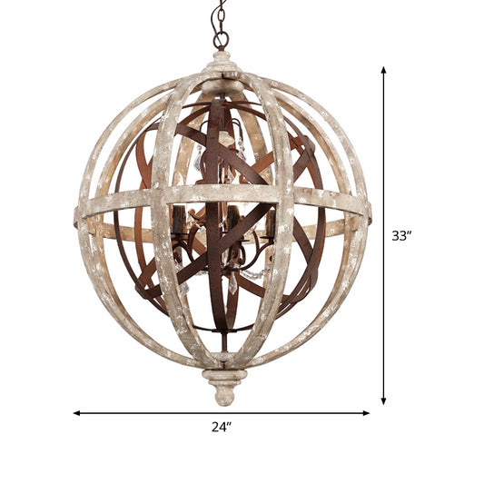 Retro 5 Heads Chandelier Lamp Rust Laser-Cut Ceiling Pendant Light with Wood Shade for Living Room Clearhalo 'Ceiling Lights' 'Chandeliers' Lighting' options 339907