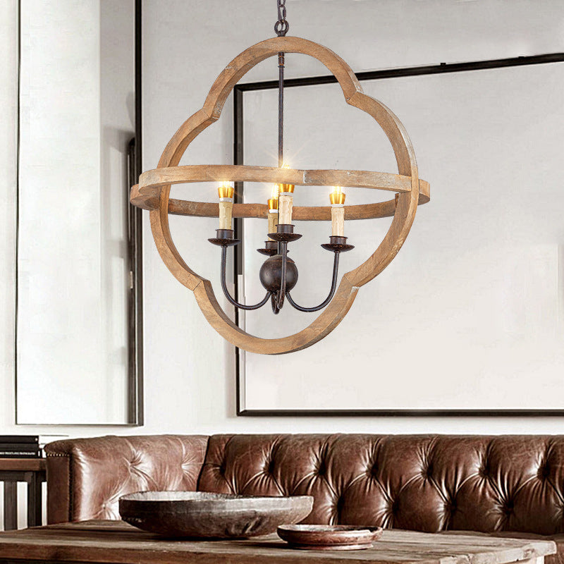 Traditional Candle Hanging Chandelier Wood 4 Bulbs Suspension Light in Beige for Restaurant Wood Clearhalo 'Ceiling Lights' 'Chandeliers' Lighting' options 339913_6577654d-f592-47b4-bf8b-fdb073a41670