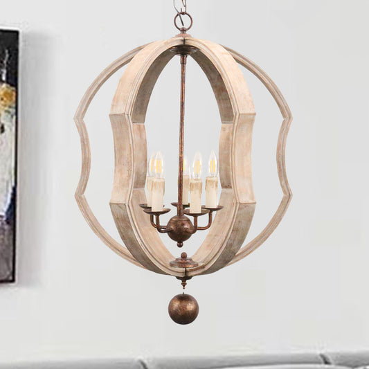 Distressed White Globe Chandelier Lighting Modern Wood 5 Bulbs Pendant Light Fixture with Adjustable Chain Clearhalo 'Ceiling Lights' 'Chandeliers' Lighting' options 339918