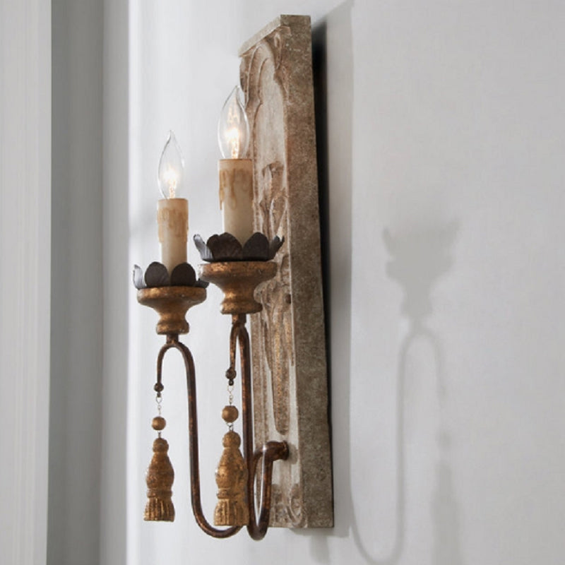 Candelabrum Wood Sconce Lighting Vintage 2 Lights Dining Room Wall Mounted Lamp in Rust Rust Clearhalo 'Wall Lamps & Sconces' 'Wall Lights' Lighting' 339948