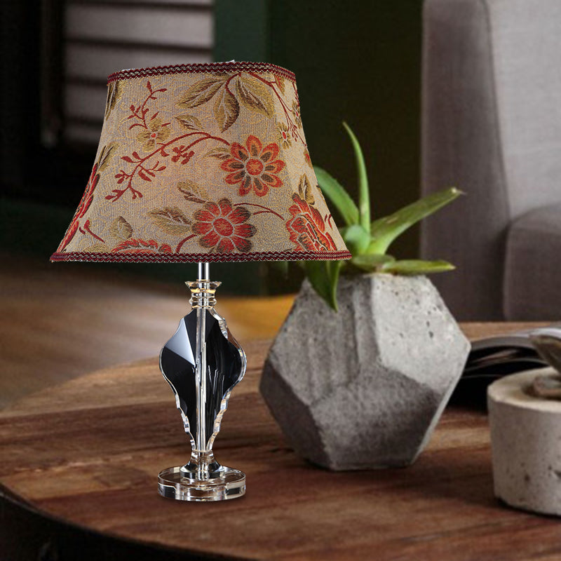 1 Light Fabric Night Light Rural Style Beige Blossom Living Room Table Lamp with Crystal Base Beige Clearhalo 'Lamps' 'Table Lamps' Lighting' 339963