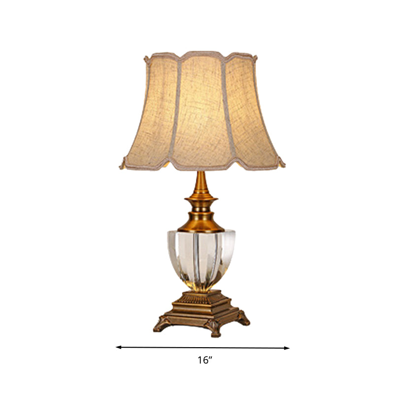 1 Light Bell Night Light Rural Beige Fabric Nightstand Table with Crystal Accent Clearhalo 'Lamps' 'Table Lamps' Lighting' 340011