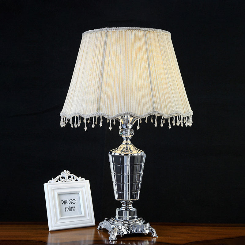 1 Light Fabric Night Table Light Traditional White Empire Shade Bedroom Night Lamp with Crystal Draping Clearhalo 'Lamps' 'Table Lamps' Lighting' 340013