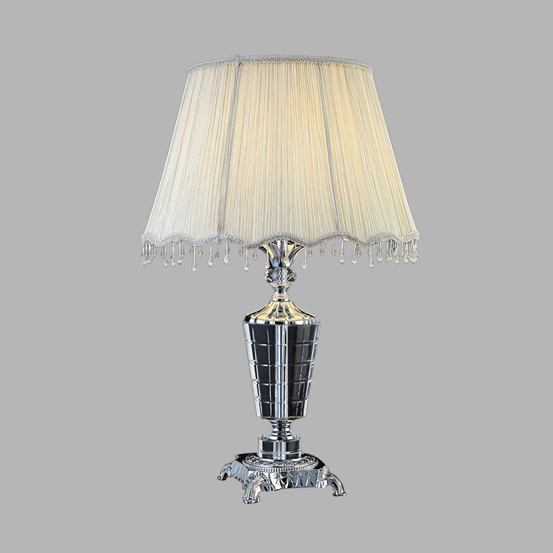 1 Light Fabric Night Table Light Traditional White Empire Shade Bedroom Night Lamp with Crystal Draping Clearhalo 'Lamps' 'Table Lamps' Lighting' 340015