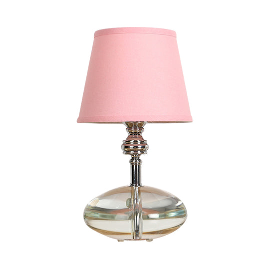 Fabric Pink Night Lamp Conical 1 Light Lodge Nightstand Light with Clear Crystal Base Clearhalo 'Lamps' 'Table Lamps' Lighting' 340040