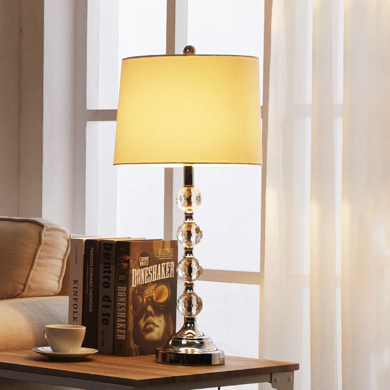 Traditional Drum Night Light 1 Light Fabric Table Lamp in White/Brown/Blue for Living Room with Crystal Ball White Clearhalo 'Lamps' 'Table Lamps' Lighting' 340048