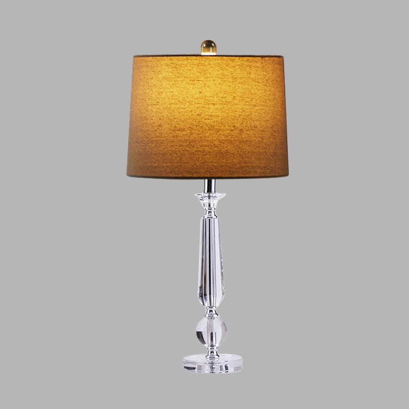 1 Light Drum Night Table Lamp Traditionalism White/Brown/Beige Fabric Nightstand Light for Bedroom with Crystal Base Clearhalo 'Lamps' 'Table Lamps' Lighting' 340054