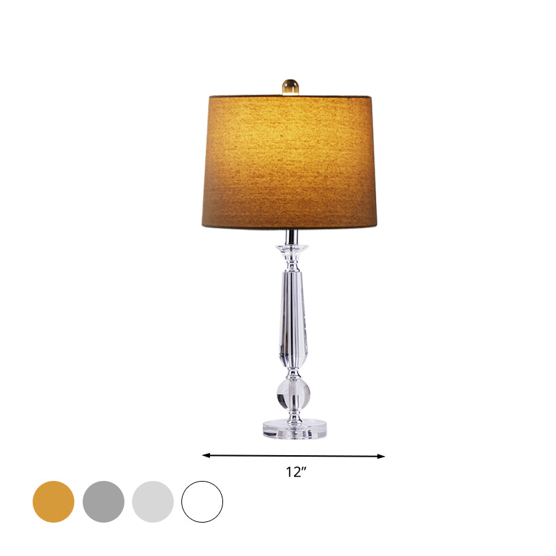 1 Light Drum Night Table Lamp Traditionalism White/Brown/Beige Fabric Nightstand Light for Bedroom with Crystal Base Clearhalo 'Lamps' 'Table Lamps' Lighting' 340055