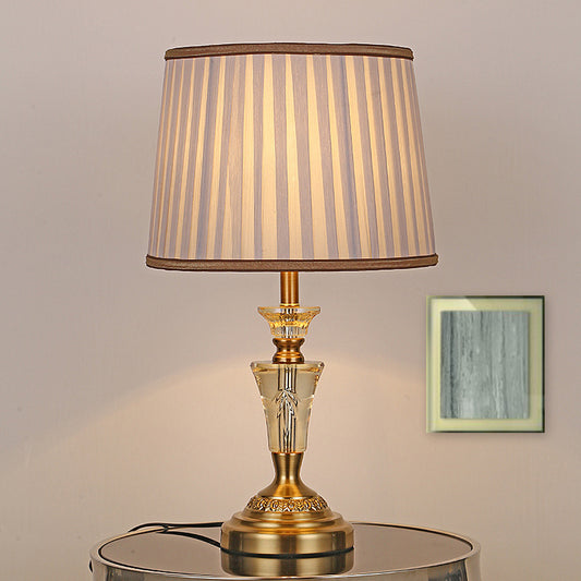 1 Light Night Table Light Countryside Pleated Shade Fabric Nightstand Lamp in Beige/Pink with Crystal Base Beige Clearhalo 'Lamps' 'Table Lamps' Lighting' 340060