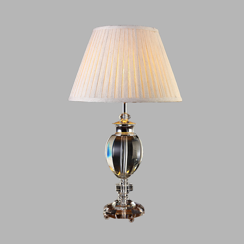 1 Light Fabric Nightstand Light Countryside Beige Pleated Lampshade Bedroom Table Lamp with Crystal Base Clearhalo 'Lamps' 'Table Lamps' Lighting' 340074