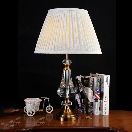 1 Light Conical Night Table Lamp Simple Cream Gray Fabric Nightstand Light with Crystal Base Clearhalo 'Lamps' 'Table Lamps' Lighting' 340107