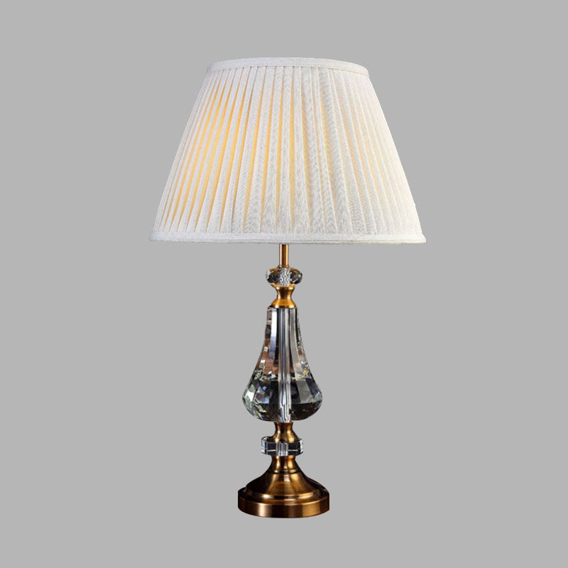 1 Light Conical Night Table Lamp Simple Cream Gray Fabric Nightstand Light with Crystal Base Clearhalo 'Lamps' 'Table Lamps' Lighting' 340109