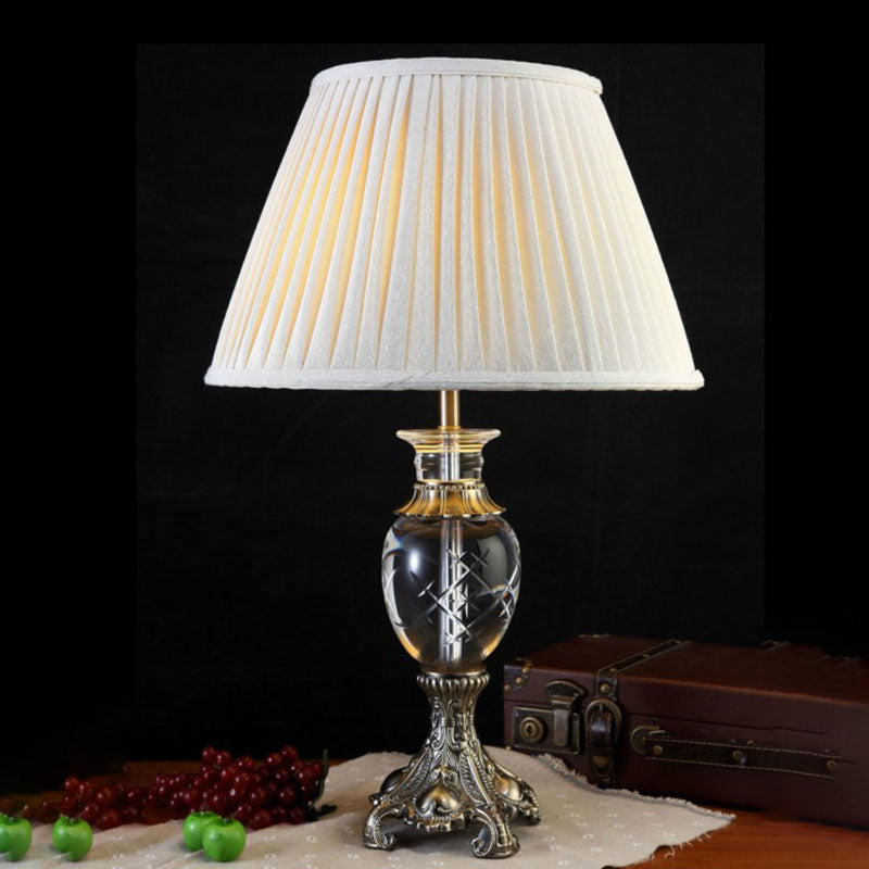 Clear Crystal Pleated Shade Night Table Light Lodge 1 Light Bedroom Nightstand Lamp in Beige Clearhalo 'Lamps' 'Table Lamps' Lighting' 340142