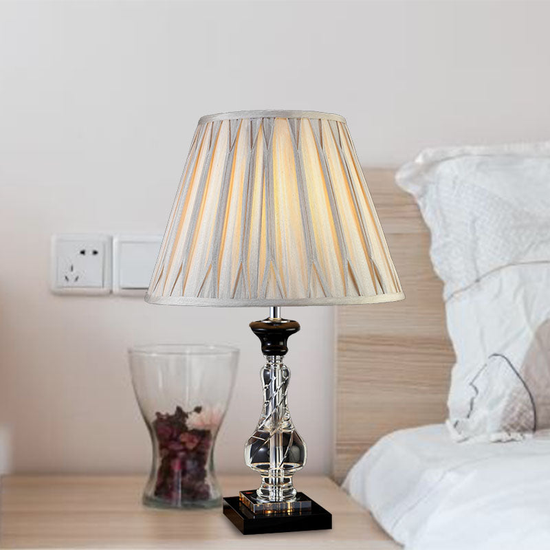 Minimalism Bell Nightstand Lamp 1 Light Fabric Night Light in Cream Gray with Translucent Crystal Base Cream Gray Clearhalo 'Lamps' 'Table Lamps' Lighting' 340155