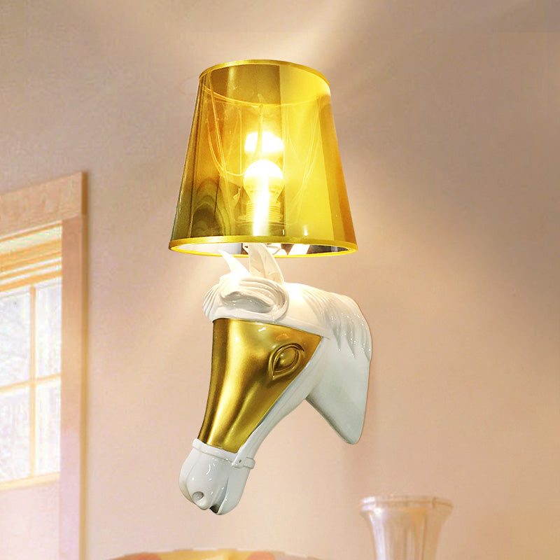 Traditional Cone Sconce Light Fixture 1 Bulb Fabric Wall Mount Lighting in White/Gold for Bedroom with Horse Head Backplate Gold Clearhalo 'Wall Lamps & Sconces' 'Wall Lights' Lighting' 340170