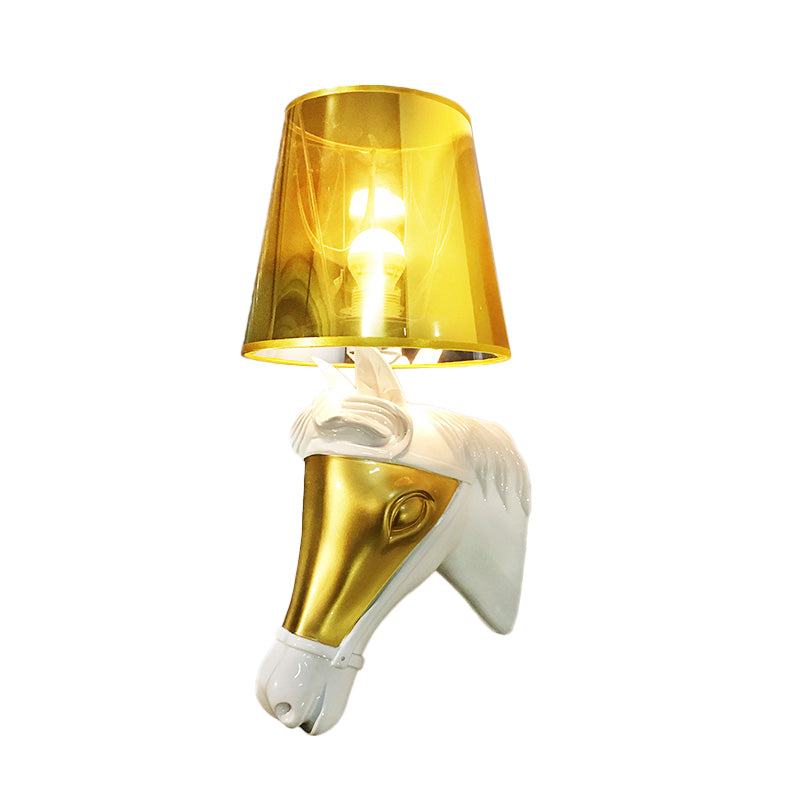 Traditional Cone Sconce Light Fixture 1 Bulb Fabric Wall Mount Lighting in White/Gold for Bedroom with Horse Head Backplate Clearhalo 'Wall Lamps & Sconces' 'Wall Lights' Lighting' 340173